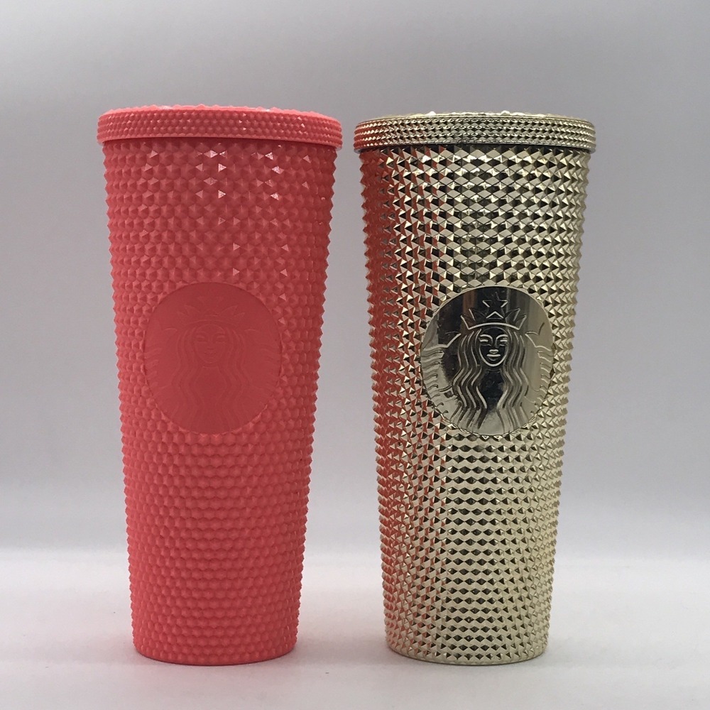 Starbucks Lot Of 2 Venti 24oz Studded Dragonfruit And Dinning Gold 2022 Tumblers